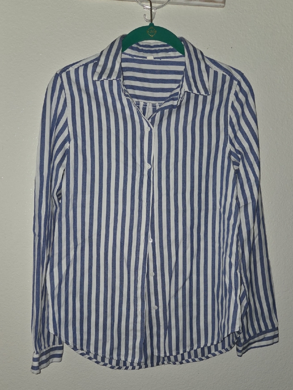 SHEIN Blue and White Vertical Stripe Button Front Blouse